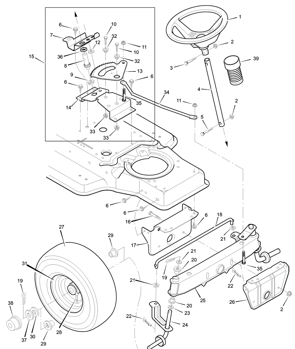 Steering Diagram and Parts List for 387000X00A 2003 Briggs and Stratton Lawn Tractor